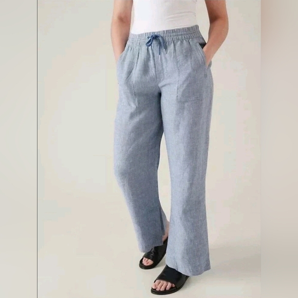 ATHLETA 99% LINEN Chambray Blue RETREAT Slit WIDE LEG Pants Sz 6 - Picture 4 of 16